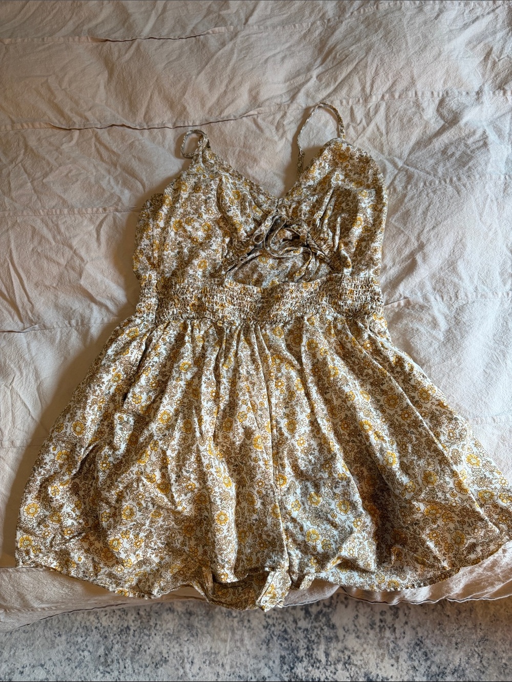 Floral Smocked Waist Sundress Romper in Yellow & Cream